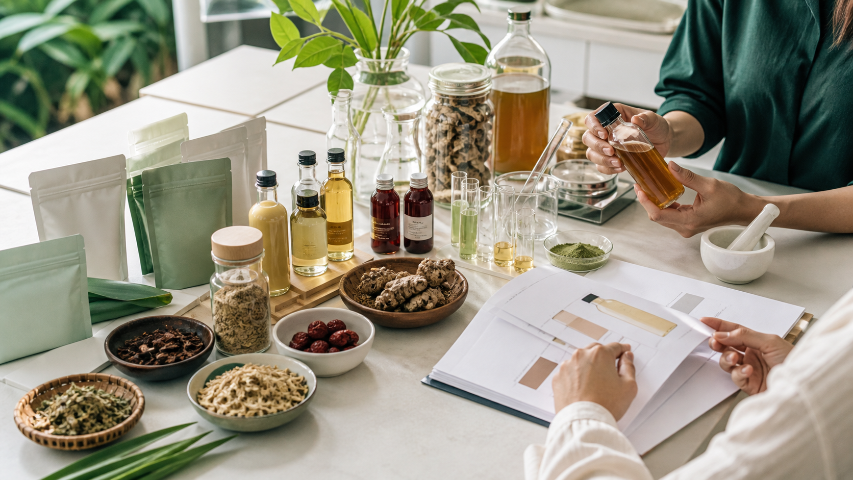 Unbranded functional wellness prototypes, ingredient samples, and formulation notes on a development table