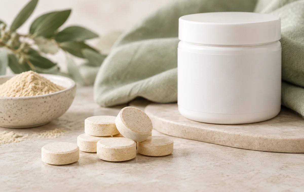 Unbranded chewable tablets beside a blank white jar