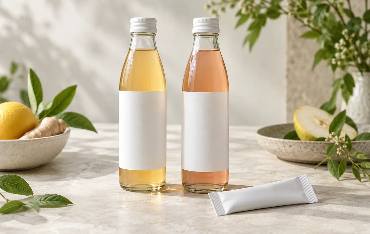 Unbranded functional drink bottles and a blank sachet on a light surface