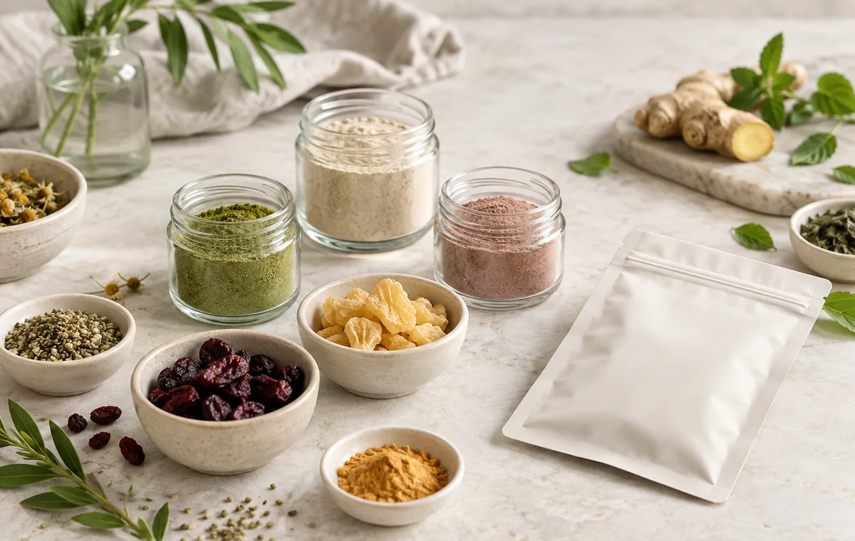 Unbranded ingredient samples with a blank pouch