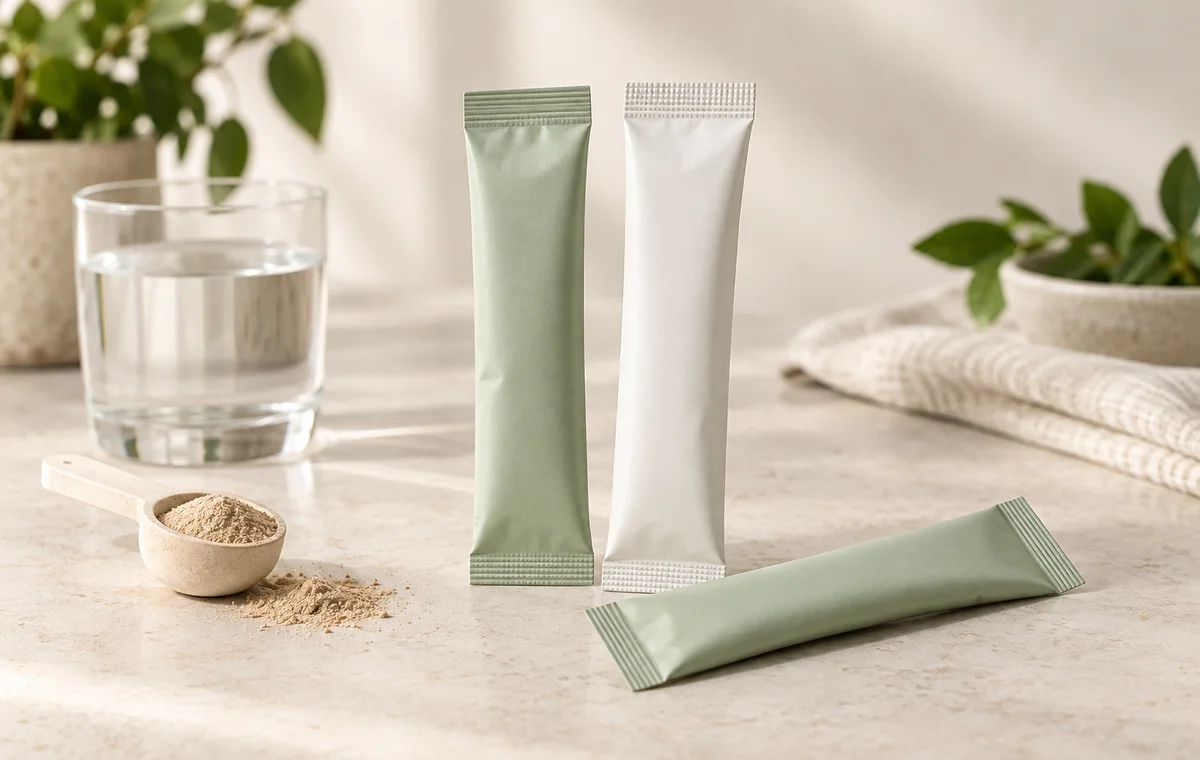 Unbranded powder sachets beside a glass of water