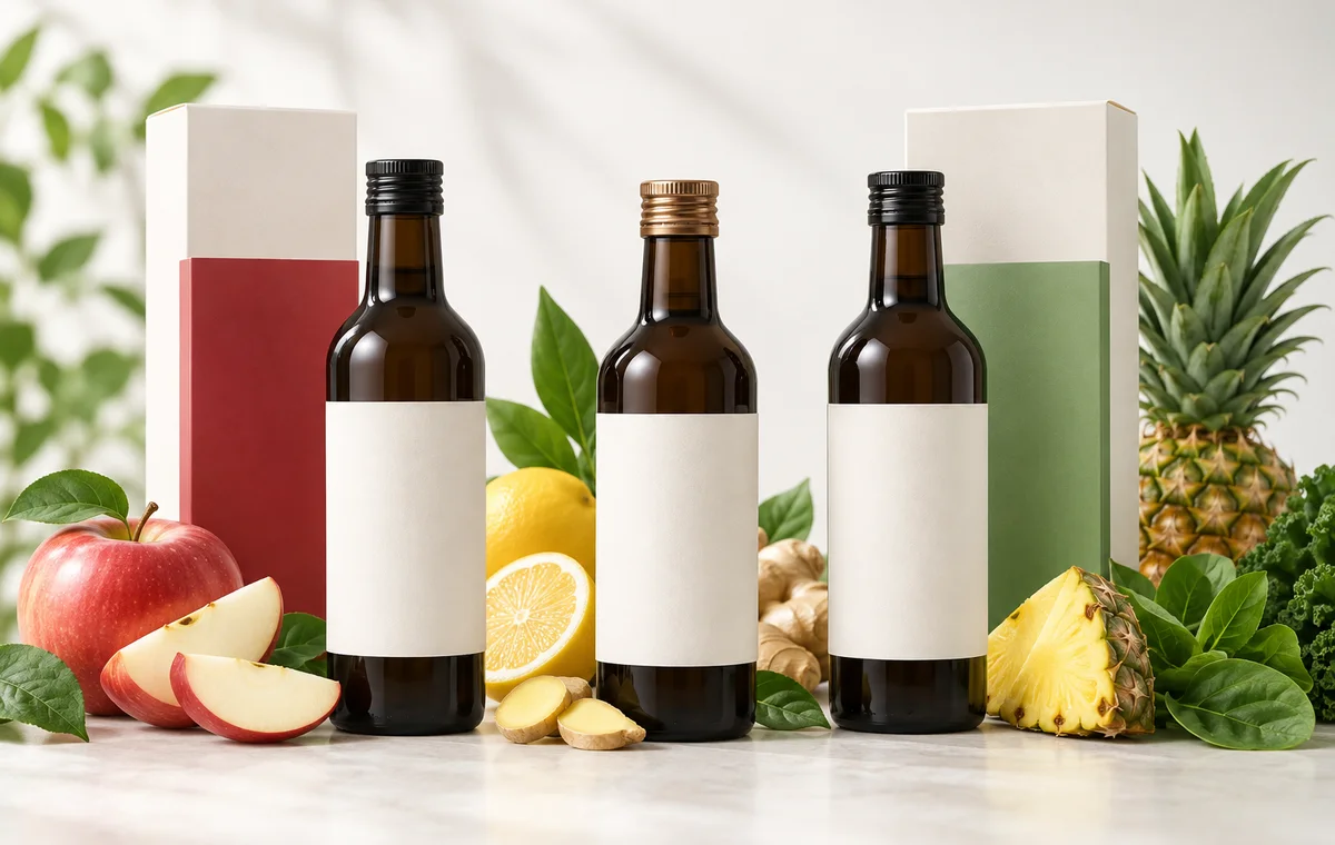 Unbranded amber vinegar bottle with a blank label