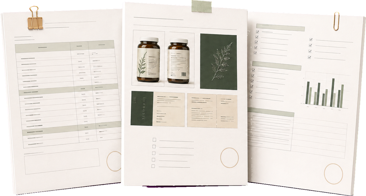 Unbranded product development review documents with formulation, label, and checklist details