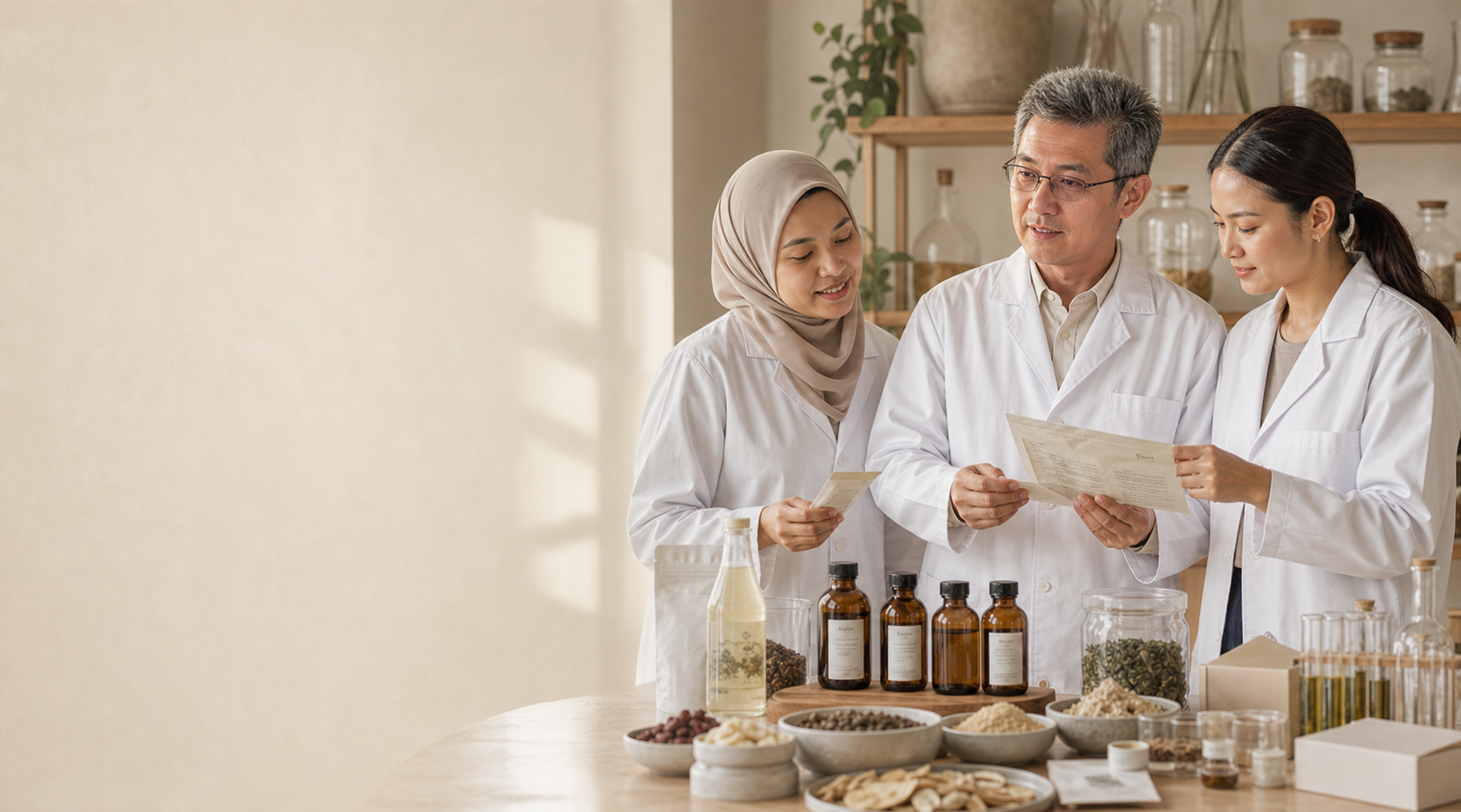 A Malaysian lab team reviewing functional wellness product prototypes in a warm science studio